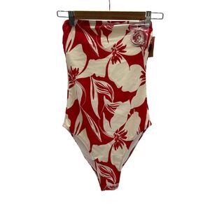 NWT, Shade & Shore Women's Red Floral Bandeau One Piece Swimsuit High Leg Cheeky
